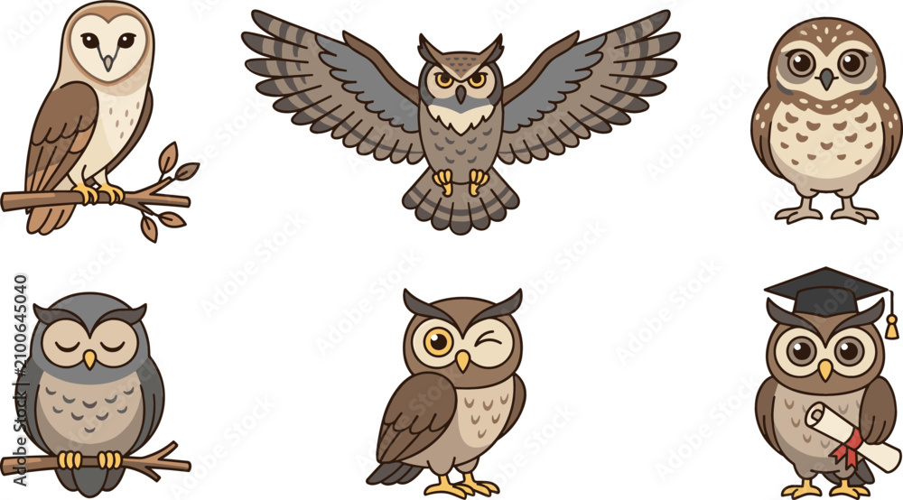 Obraz premium Cute Owl Cartoon Character Vector Set Featuring Flying Barn Owl, Wise Graduate, and Forest Birds on Branches for Education and Wildlife Designs