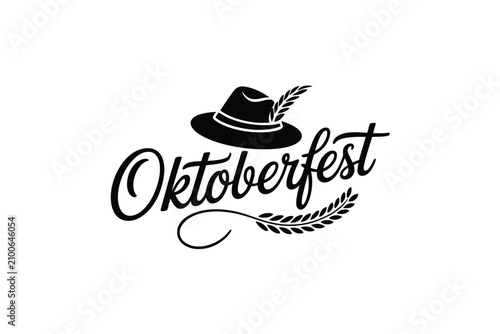 Black and white oktoberfest with a traditional hat, wheat stalks, and cursive script typography for beer festival branding