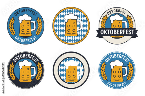 Set of six circular oktoberfest badges with beer mugs, wheat, and bavarian diamond pattern isolated on white background, for festival branding