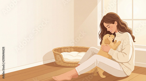 Young woman hugging puppy while sitting on wooden floor indoors  