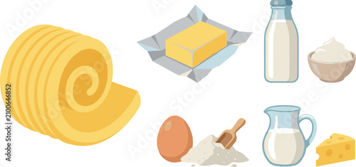 Quadro su tela Fresh dairy product vector illustration set featuring butter roll stick bottle milk pitcher cheese wedge egg flour sour cream bowl isolated on white background
