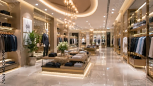 Blurred luxury fashion boutique interior high end clothing store retail shop elegant apparel design menswear suits mannequins gold decor