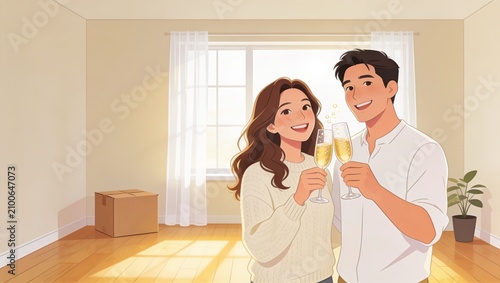 A young couple is celebrating their housewarming with glasses of champagne in an empty living room