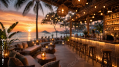 Beach bar sunset tropical resort luxury lounge blurred bokeh ocean vacation travel hospitality summer leisure relaxation outdoor cocktail