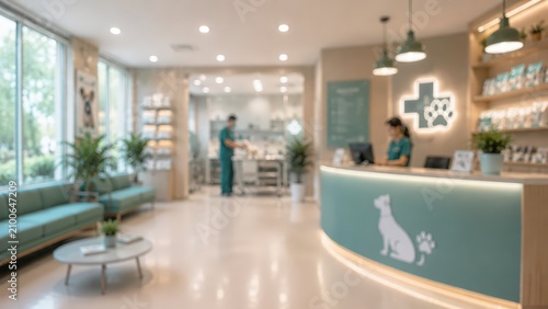 Modern veterinary clinic interior blurred background pet hospital reception desk waiting area veterinary medicine animal healthcare services
