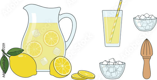 Foto Fresh homemade lemonade vector illustration set with glass pitcher drink tumbler straw whole lemon fruit slices wooden reamer and ice cubes isolated on white background