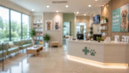 Blurred veterinary clinic reception desk animal hospital interior lobby waiting area pet care healthcare professional facility medical office background