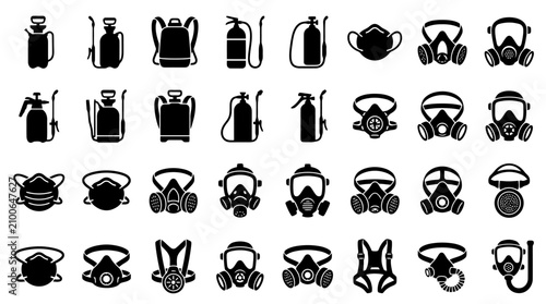 Collection of various gas masks and respirators icons.