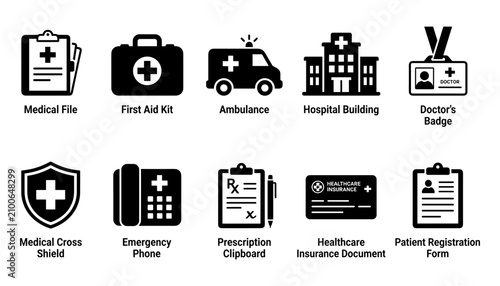 Medical Icons Representing Healthcare Services and Equipment Featuring Icon, First Aid, Ambulance with Hospital and Doctor