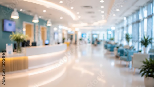 Blurred modern clinic reception lobby medical office hospital waiting room interior background bright clean healthcare center