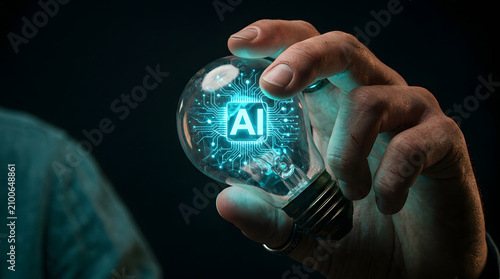 Artificial intelligence innovation concept | Hand holding glowing AI light bulb | Future digital technology and big data | Smart machine learning brain idea
