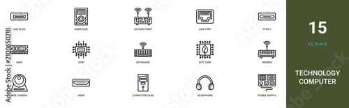 Slika na platnu Set of 15 outline web Technology Computer icons such as power supply, headphone,