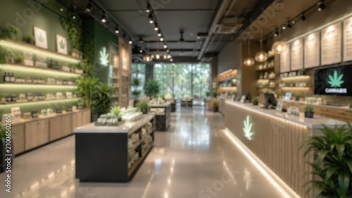 cannabis dispensary shop interior blurred background retail store medical marijuana boutique modern health wellness products shelves counter