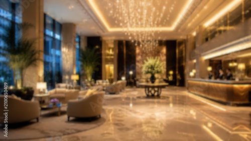 Blurred luxury hotel lobby reception area lounge interior hospitality high end elegant lighting bokeh background travel business architecture