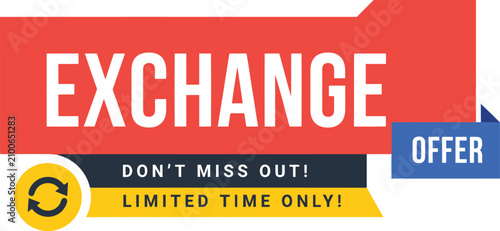 Exchange offer label with circular arrow icon on white background