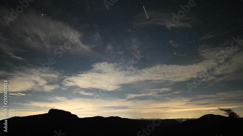 Night sky time-lapse captured at Wiseman View in North Carolina, featuring a field of stars above the Blue Ridge Mountains with drifting clouds moving through the scene