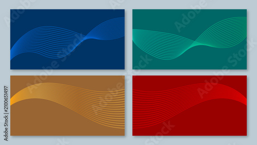 Abstract wavy line banners set, minimalist curved wave dynamic background templates in blue, green, gold, and red, vector illustration elements for modern business card and corporate design