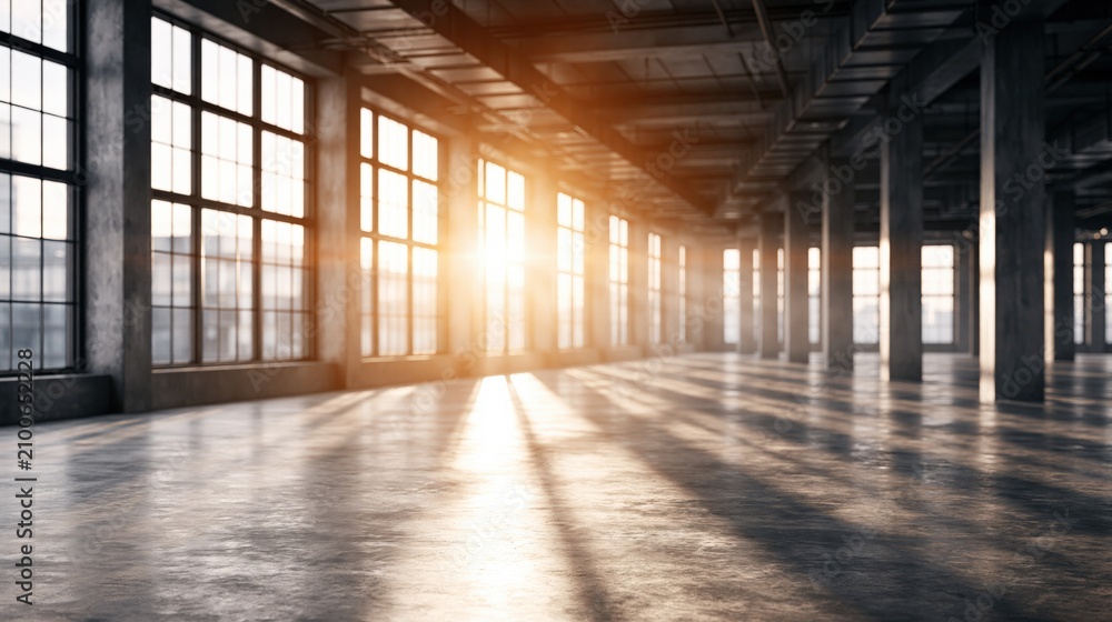 Obraz premium Spacious industrial loft interior with large windows casting dramatic sunbeam shadows on concrete floor