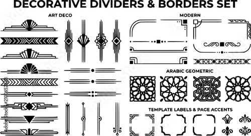 Art deco divider. Modern elegant border, decorative antique ornament. Vintage arabic geometric dividers isolated icons elements set. Illustration border menu divider, template label page
