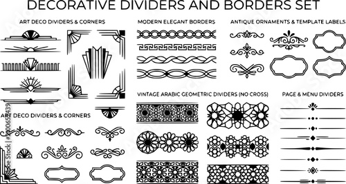 Art deco divider. Modern elegant border, decorative antique ornament. Vintage arabic geometric dividers isolated icons elements set. Illustration border menu divider, template label page