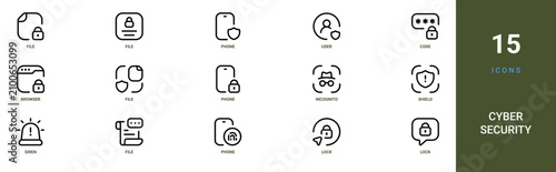 Obraz na płótnie Set of 15 outline web Cyber Security icons such as lock, lock, phone, file, sire
