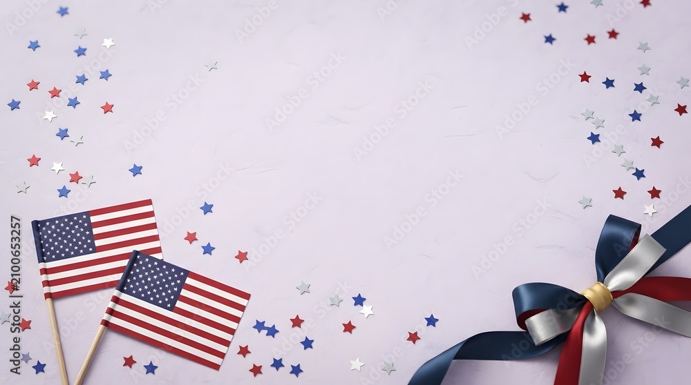 Fototapeta premium Labor day celebration american flags and patriotic decor on white wood background