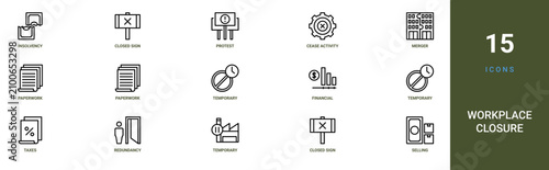 Fotografie Set of 15 outline web Workplace Closure icons such as selling, closed sign, temp