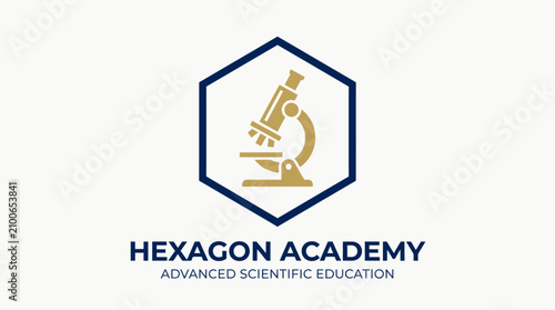 A logo of Hexagon Academy featuring a microscope within a hexagon shape