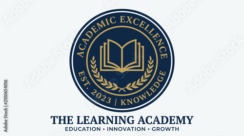 A logo of a learning academy with a circular emblem featuring a laurel wreath and a book is displayed prominently on a blue background.