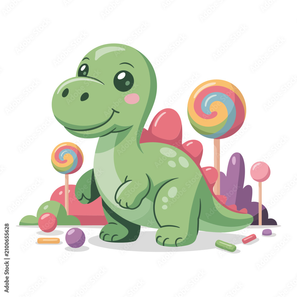 Fototapeta premium Cute green dinosaur standing surrounded by colorful swirly lollipops and candy treats in a playful and whimsical childrens