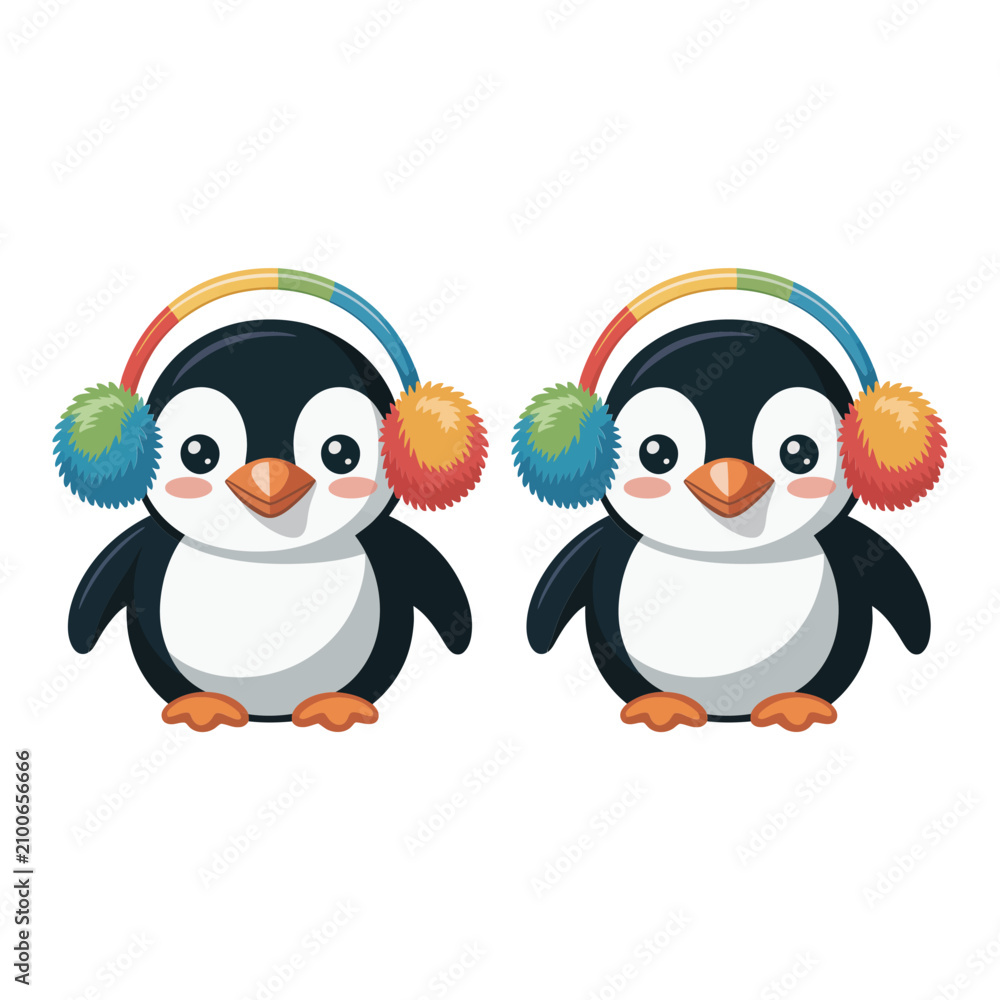 Fototapeta premium Two cute penguin friends wearing matching colorful rainbow earmuffs standing together for winter holiday greeting card and children