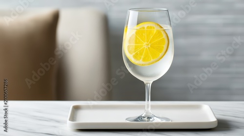 A clear glass of water with two lemon slices inside, placed on a white tray on a marble surface with a blurred neutral background.
