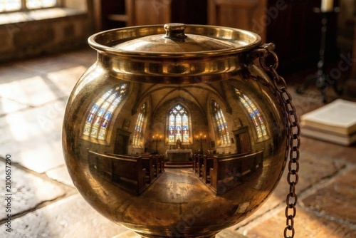 Textural study of brass craftsmanship with sanctuary reflection — detailed capture highlights hammer marks, rivets, and reflective polish while the chapel appears as a soft, reverent vignette for rest