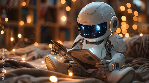 Charming Robot Reader in Cozy Evening Setting with Storybook Warm Lighting 4K