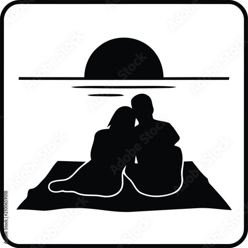 Obraz na plátne Romantic Couple Silhouette Watching Sunset on Beach Blanket