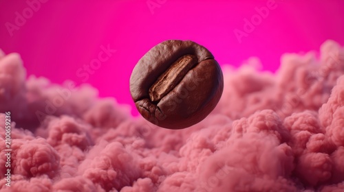 A close-up of a single coffee bean floating above a textured pink cloud-like surface against a vibrant pink background.