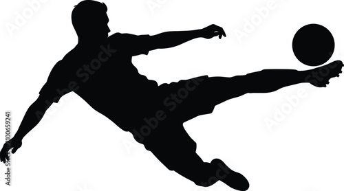 Bild auf Leinwand Black silhouette of a dynamic soccer player kicking a football mid-air isolated