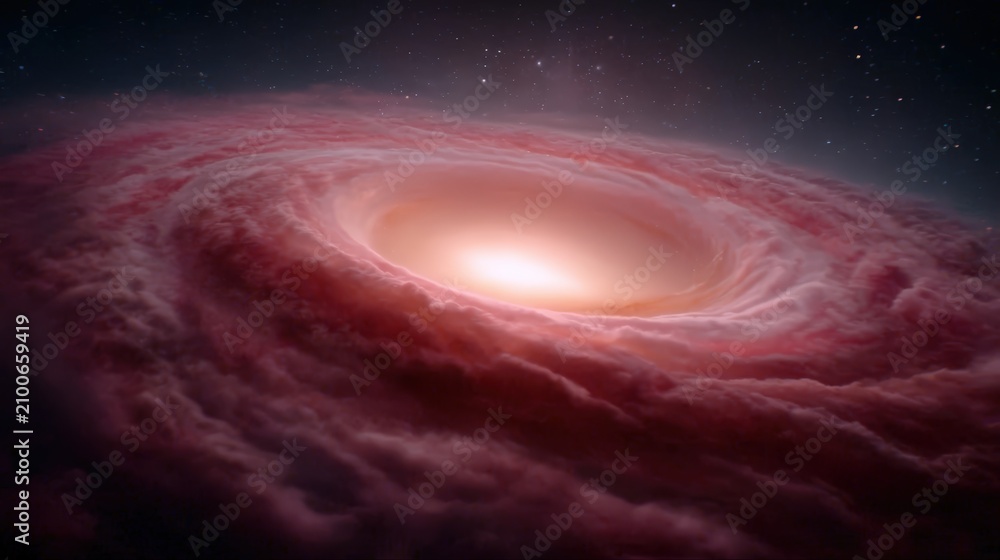 Fototapeta premium A glowing spiral galaxy with vibrant red clouds and a bright core against a starry space background.