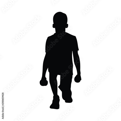Fitness silhouette of a boy lifting dumbbells, child athlete exercising with weights