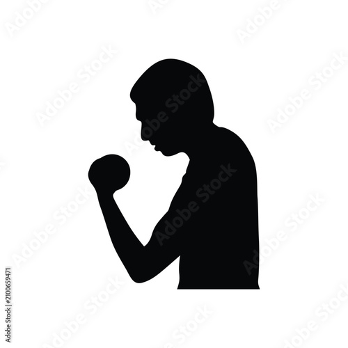 Athletic man silhouette lifting dumbbell, male bodybuilder training with weights vector, fitness and gym workout icon on white background