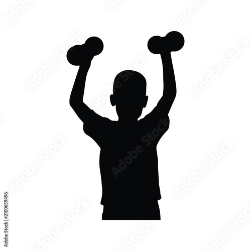 Fitness silhouette of a boy lifting dumbbells, child athlete exercising with weights, young person strength training for health and wellness
