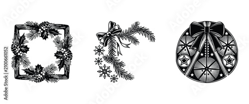 Vintage linocut vector illustration set of Christmas frames, pine branches with bow, and festive bauble. Perfect for retro holiday designs, cards, and craft.