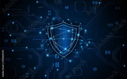 The shield symbol represents internet security and firewalls. These concepts are related to data protection, global network security, and future defense technologies.
