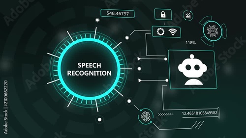 Futuristic Speech Recognition Interface featuring AI Chatbot Icon and Digital HUD Data Visualization for Smart Assistant Technology