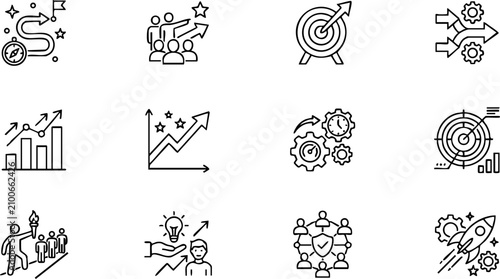 Business growth and strategic development doodle icon collection with hand drawn business strategy
