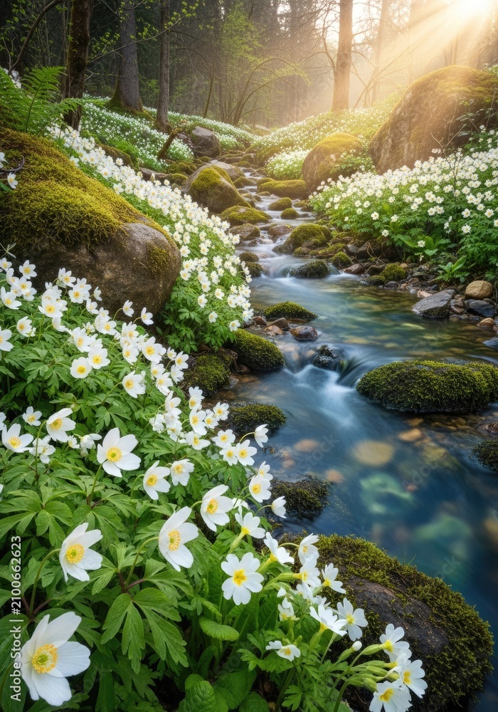 Obraz premium Idyllic stream flowing through forest with white flowers and sunlight