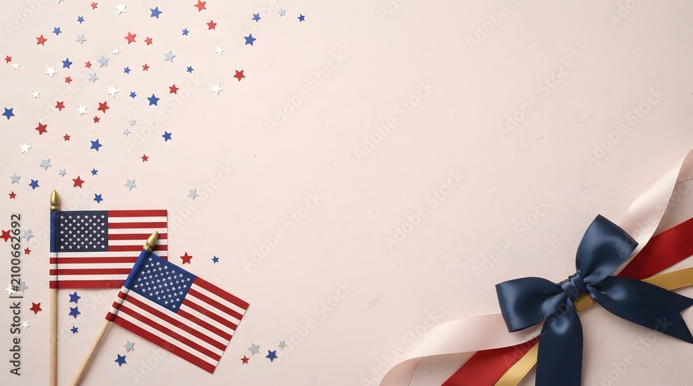 Obraz premium Labor day celebration american flags ribbons and confetti on a pastel background