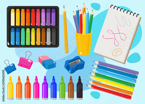 Colorful School Art Supplies Set with Crayons, Colored Pencils, Markers, Sketchbook and Stationery Flat Vector Illustration