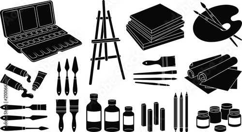 Art studio equipment silhouette vector set featuring artist easel palette paint tubes brushes canvas and creative tools isolated on white background