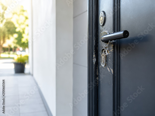 Detalle de una puerta con daños visibles en la manija y el cerrojo en un lugar urbano durante el día